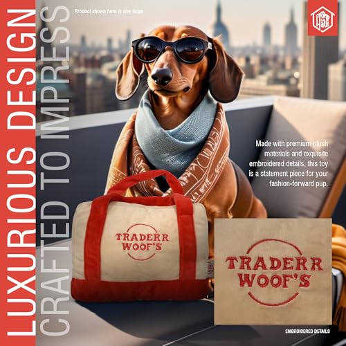 Chomp Haus Traderr Woofs – Luxurious Plush Dog Toy with Squeaker, Premium Fabric, Embroidered Details, Designer-Inspired Chew Toy, Fun Gift for Small to Medium Dogs & Dog Lovers