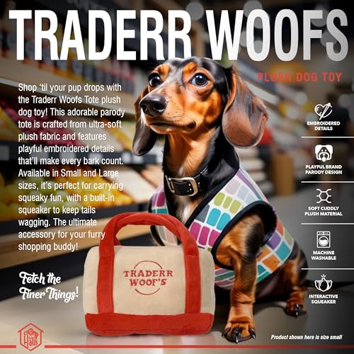 Chomp Haus Traderr Woofs – Luxurious Plush Dog Toy with Squeaker, Premium Fabric, Embroidered Details, Designer-Inspired Chew Toy, Fun Gift for Small to Medium Dogs & Dog Lovers