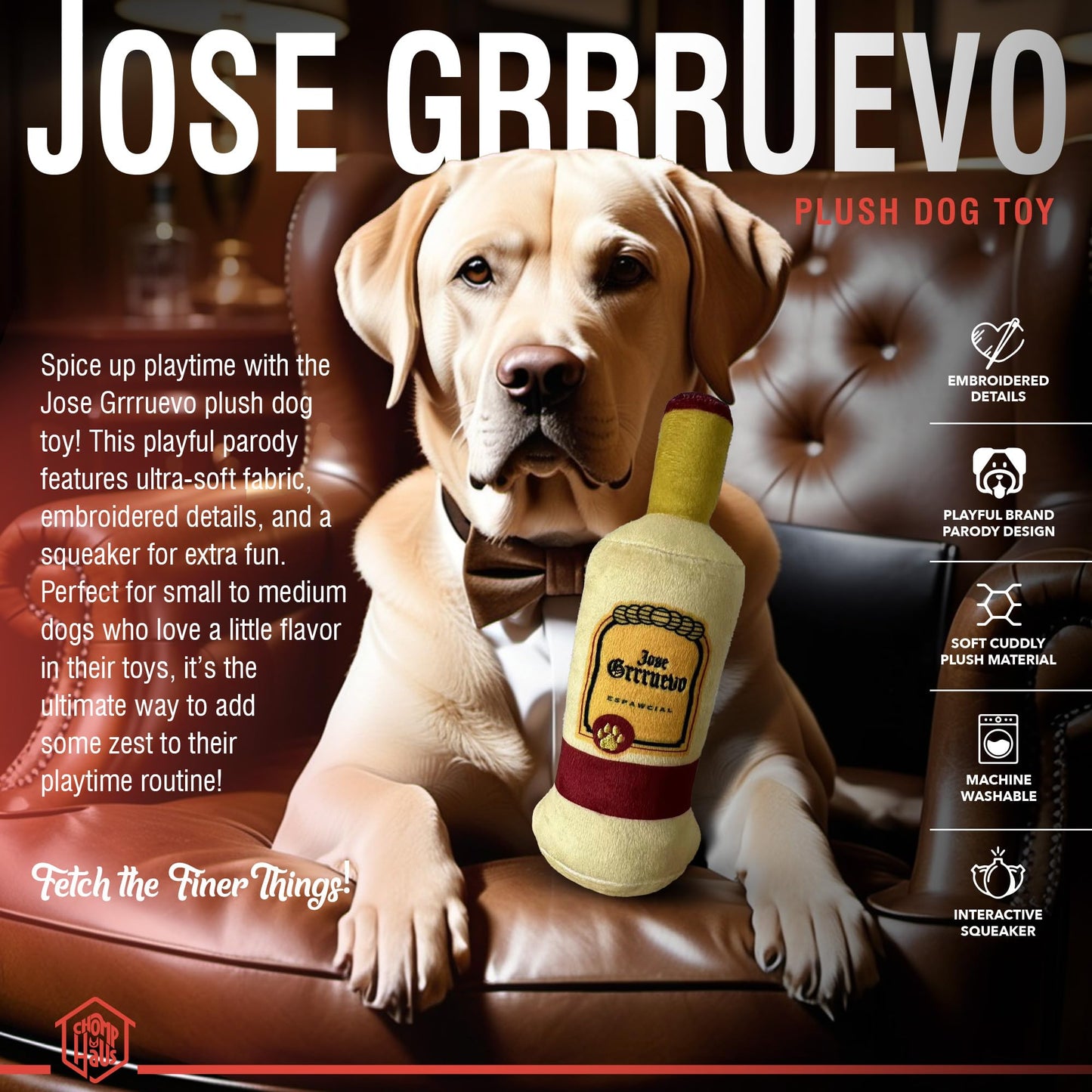 Chomp Haus Jose Grrruevo – Luxurious Plush Dog Toy with Squeaker, Premium Fabric, Embroidered Details, Designer-Inspired Chew Toy, Fun Gift for Small to Medium Dogs & Dog Lovers