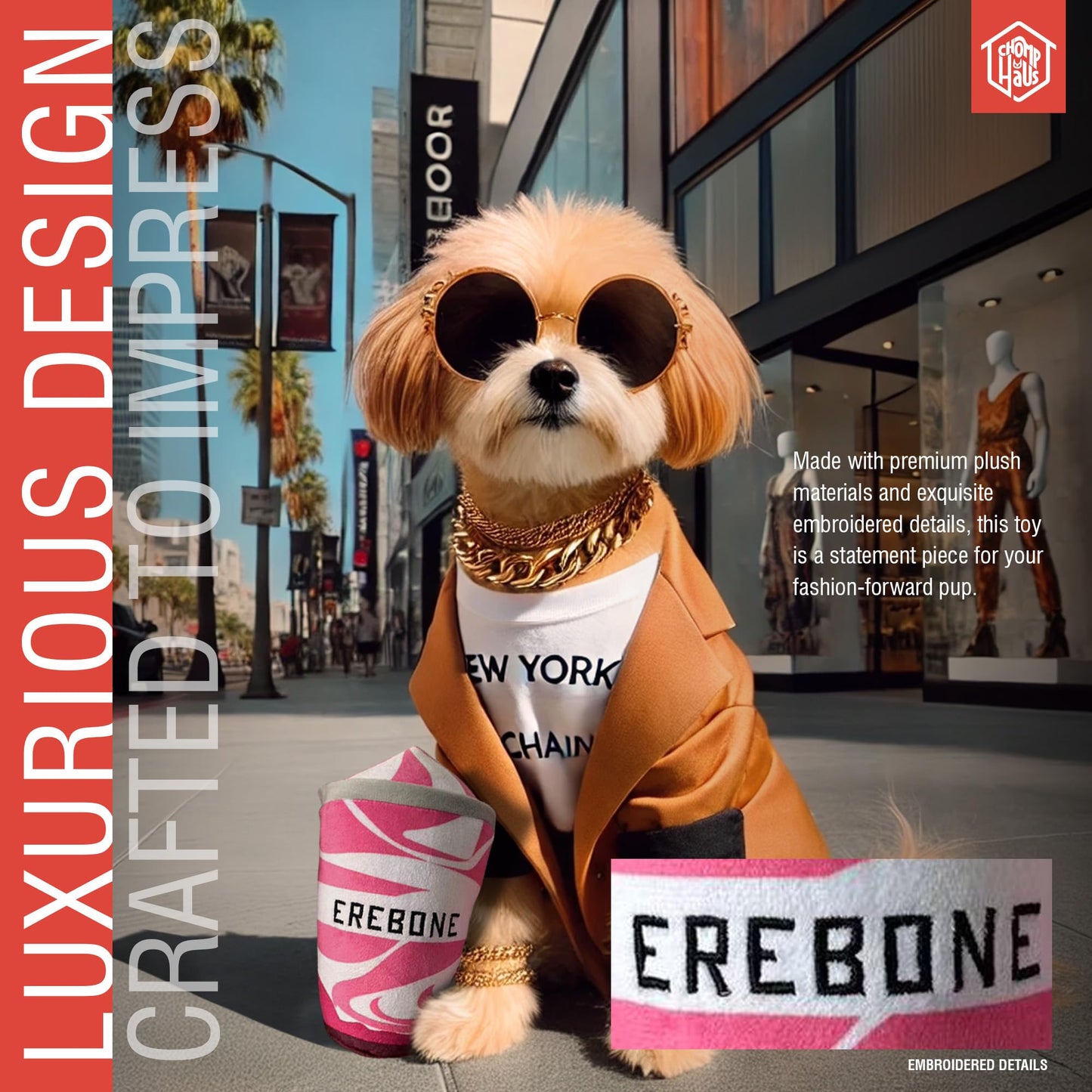 Chomp Haus Erebone – Luxurious Plush Dog Toy with Squeaker, Premium Fabric, Embroidered Details, Designer-Inspired Chew Toy, Fun Gift for Small to Medium Dogs & Dog Lovers