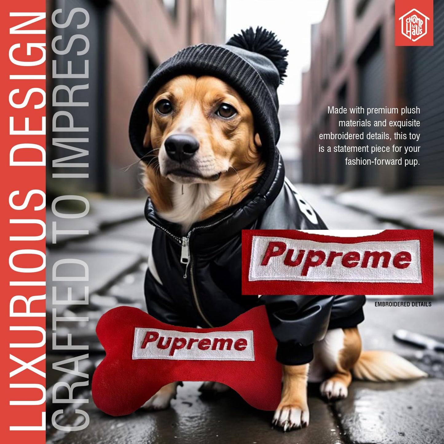 Chomp Haus Pupreme – Luxurious Plush Dog Toy with Squeaker, Premium Fabric, Embroidered Details, Designer-Inspired Chew Toy, Fun Gift for Small to Medium Dogs & Dog Lovers
