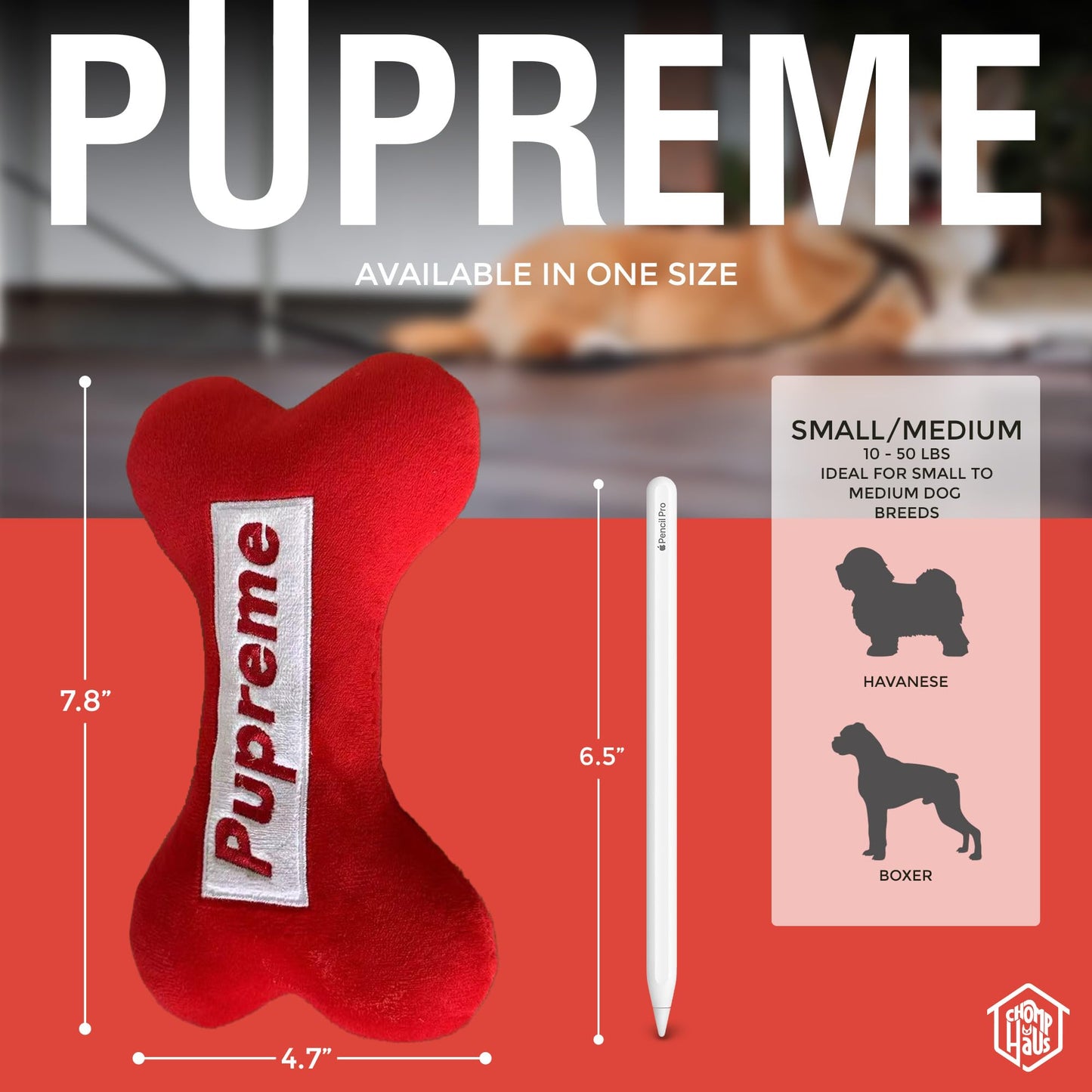 Chomp Haus Pupreme – Luxurious Plush Dog Toy with Squeaker, Premium Fabric, Embroidered Details, Designer-Inspired Chew Toy, Fun Gift for Small to Medium Dogs & Dog Lovers