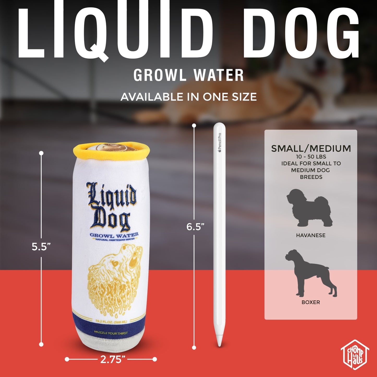Chomp Haus Liquid Dog Growl Water – Luxurious Plush Dog Toy with Squeaker, Premium Fabric, Embroidered Details, Designer-Inspired Chew Toy, Fun Gift for Small to Medium Dogs & Dog Lovers