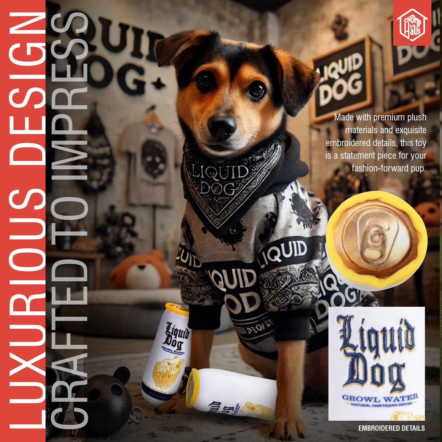 Chomp Haus Liquid Dog Growl Water – Luxurious Plush Dog Toy with Squeaker, Premium Fabric, Embroidered Details, Designer-Inspired Chew Toy, Fun Gift for Small to Medium Dogs & Dog Lovers