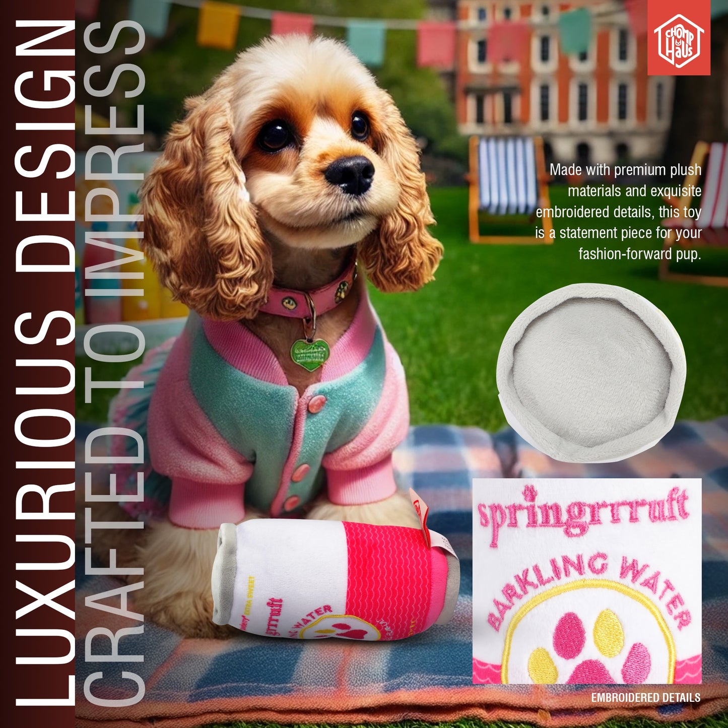 Chomp Haus Springrrruft Barkling Water – Luxurious Plush Dog Toy with Squeaker, Premium Fabric, Embroidered Details, Designer-Inspired Chew Toy, Fun Gift for Small to Medium Dogs & Dog Lovers