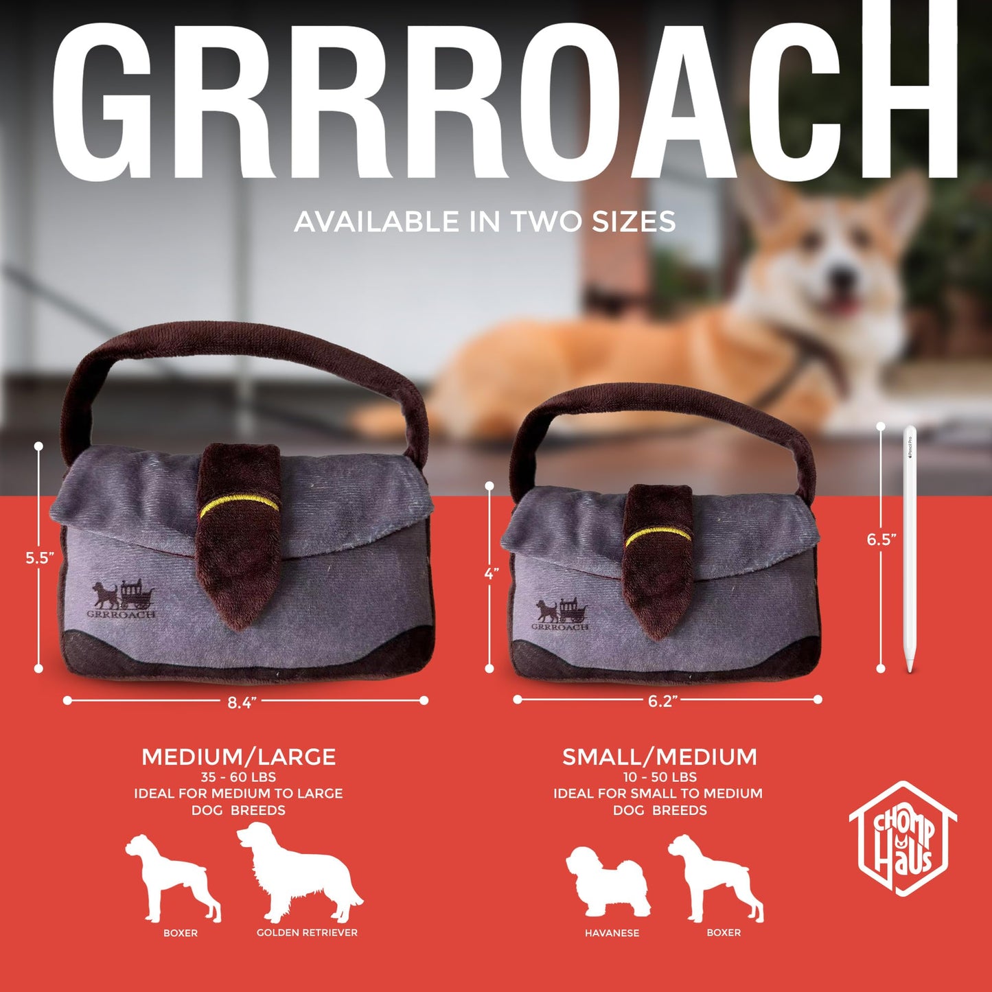 Chomp Haus Grrroach – Luxurious Plush Dog Toy with Squeaker, Premium Fabric, Embroidered Details, Designer-Inspired Chew Toy, Fun Gift for Small to Medium Dogs & Dog Lovers