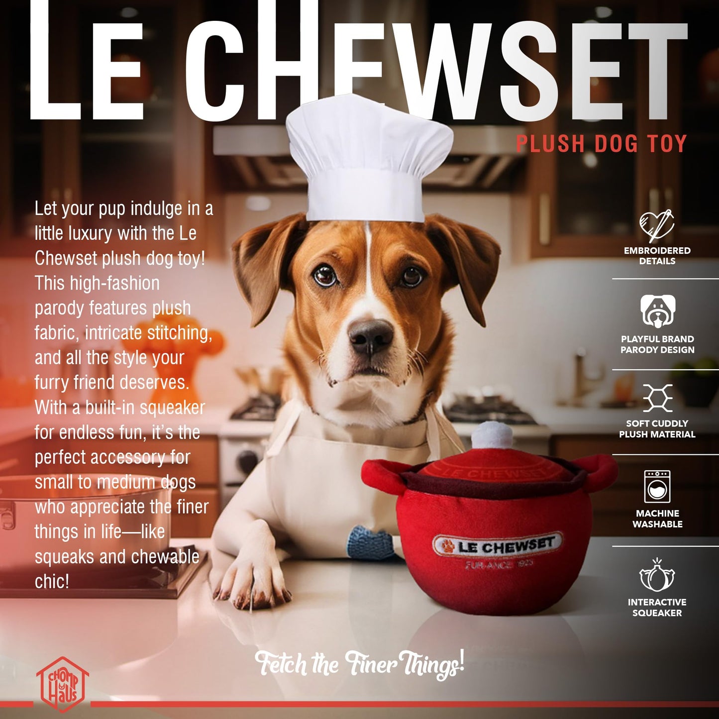 Chomp Haus Le Chewset – Luxurious Plush Dog Toy with Squeaker, Premium Fabric, Embroidered Details, Designer-Inspired Chew Toy, Fun Gift for Small to Medium Dogs & Dog Lovers