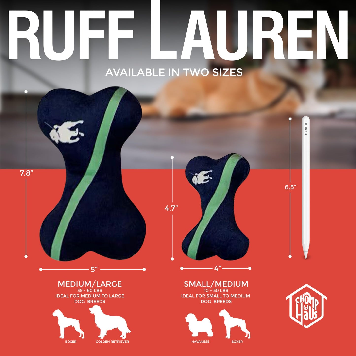 Chomp Haus Ruff Lauren – Luxurious Plush Dog Toy with Squeaker, Premium Fabric, Embroidered Details, Designer-Inspired Chew Toy, Fun Gift for Small to Medium Dogs & Dog Lovers