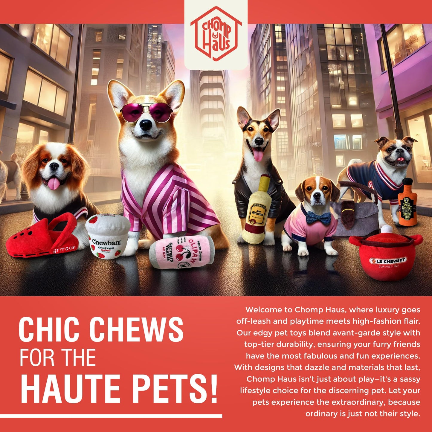 Chomp Haus Pupreme – Luxurious Plush Dog Toy with Squeaker, Premium Fabric, Embroidered Details, Designer-Inspired Chew Toy, Fun Gift for Small to Medium Dogs & Dog Lovers