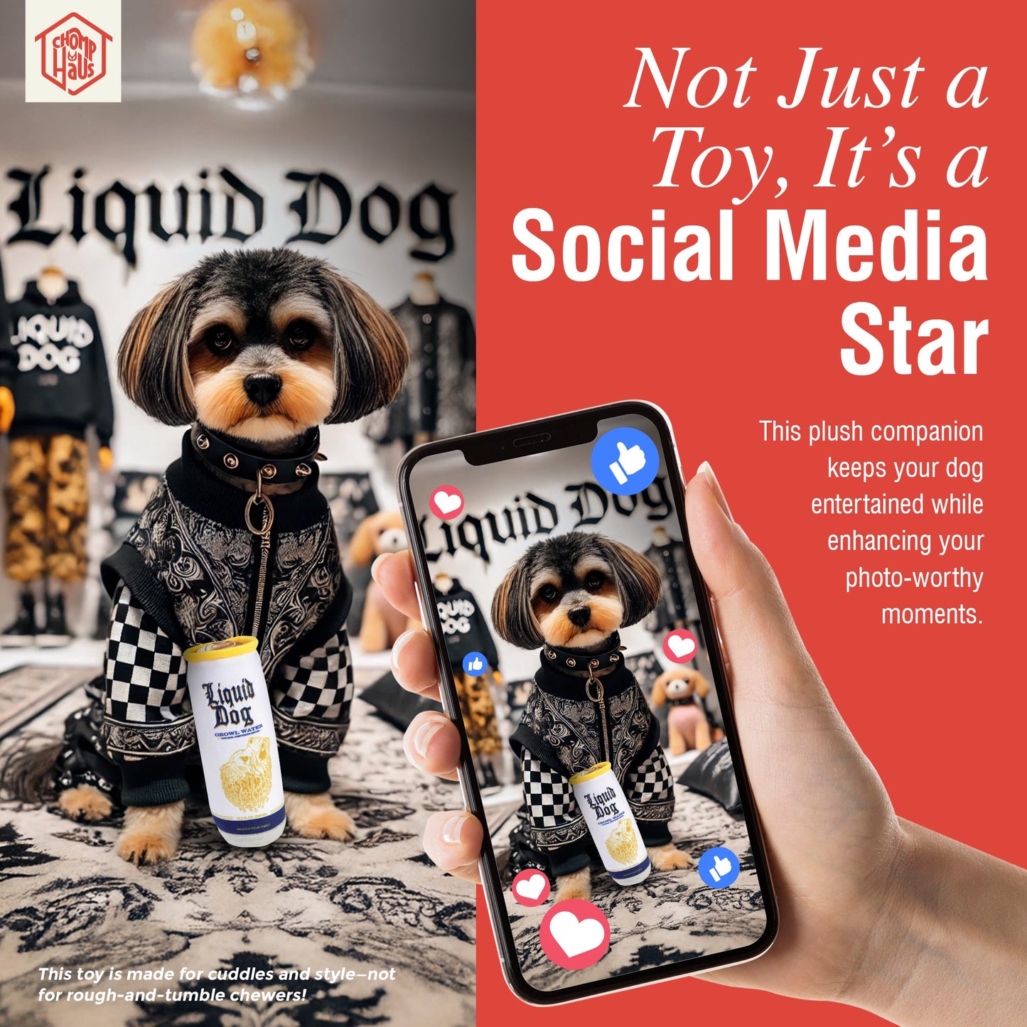 Chomp Haus Liquid Dog Growl Water – Luxurious Plush Dog Toy with Squeaker, Premium Fabric, Embroidered Details, Designer-Inspired Chew Toy, Fun Gift for Small to Medium Dogs & Dog Lovers