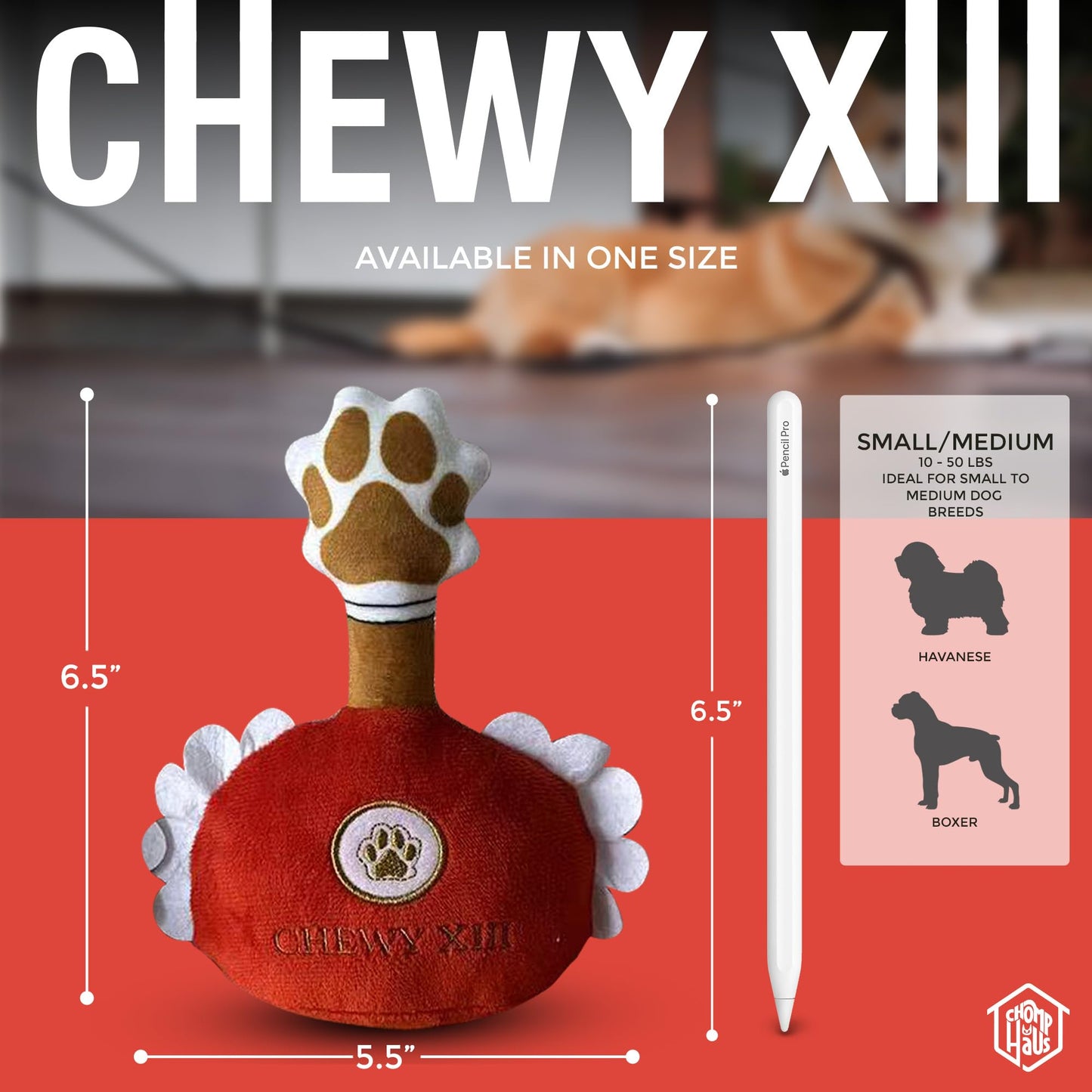 Chomp Haus Chewy XIII – Luxurious Plush Dog Toy with Squeaker, Premium Fabric, Embroidered Details, Designer-Inspired Chew Toy, Fun Gift for Small to Medium Dogs & Dog Lovers