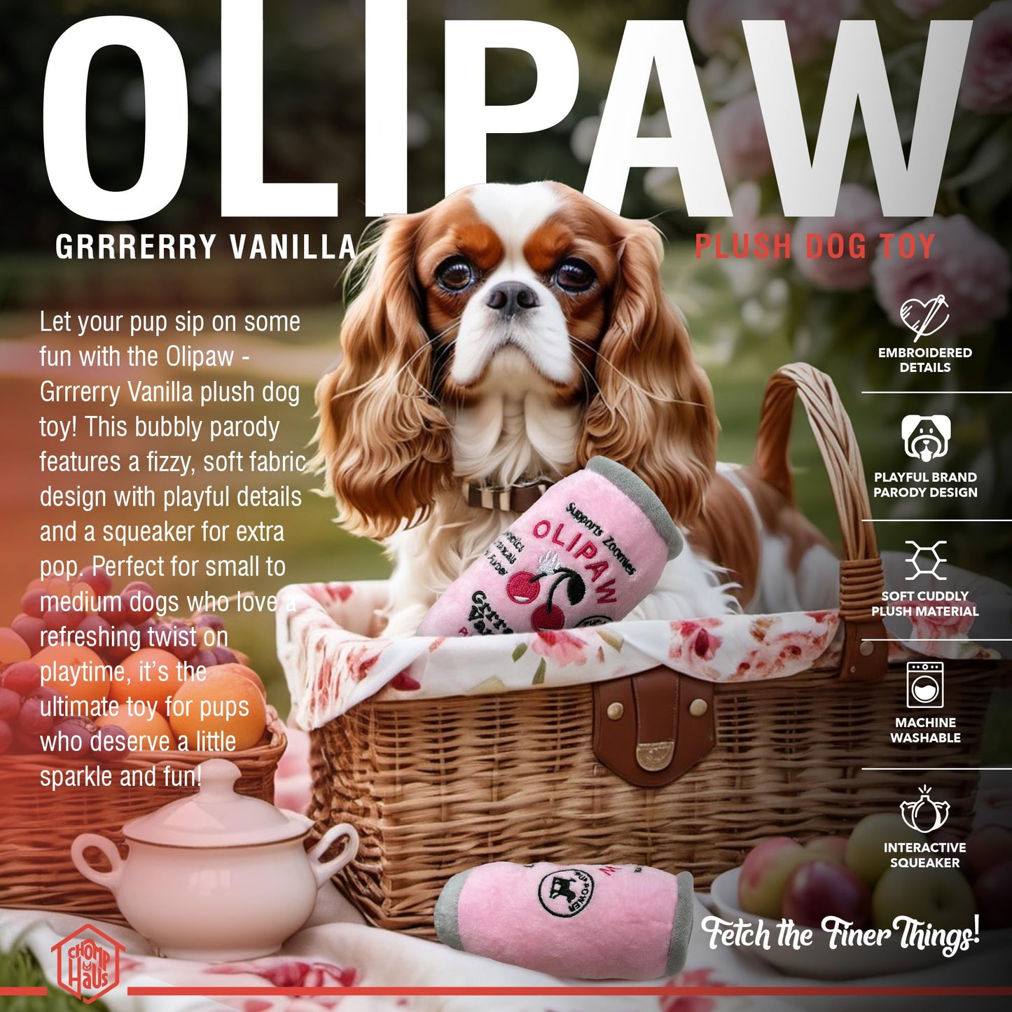 Chomp Haus Olipaw Grrrerry Vanilla – Luxurious Plush Dog Toy with Squeaker, Premium Fabric, Embroidered Details, Designer-Inspired Chew Toy, Fun Gift for Small to Medium Dogs & Dog Lovers