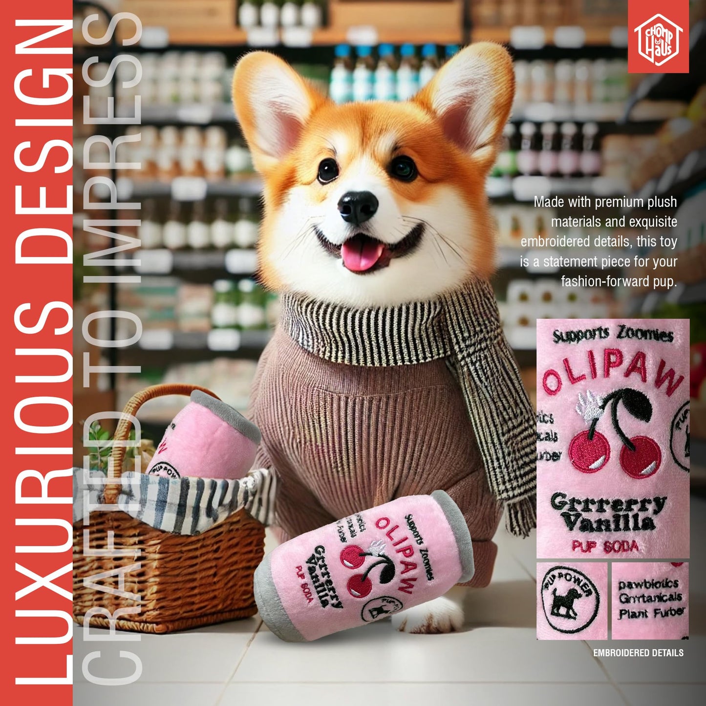 Chomp Haus Olipaw Grrrerry Vanilla – Luxurious Plush Dog Toy with Squeaker, Premium Fabric, Embroidered Details, Designer-Inspired Chew Toy, Fun Gift for Small to Medium Dogs & Dog Lovers
