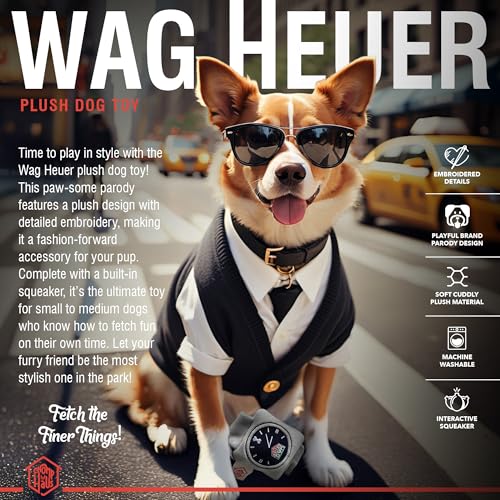 Chomp Haus Wag Heuer – Luxurious Plush Dog Toy with Squeaker, Premium Fabric, Embroidered Details, Designer-Inspired Chew Toy, Fun Gift for Small to Medium Dogs & Dog Lovers