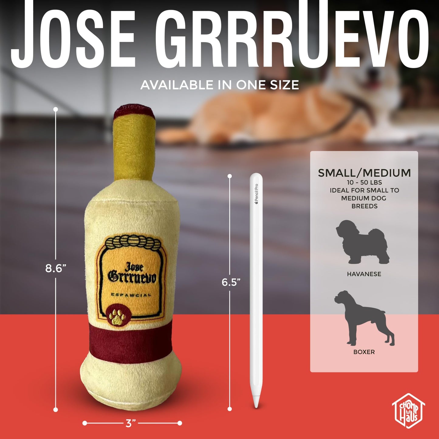 Chomp Haus Jose Grrruevo – Luxurious Plush Dog Toy with Squeaker, Premium Fabric, Embroidered Details, Designer-Inspired Chew Toy, Fun Gift for Small to Medium Dogs & Dog Lovers