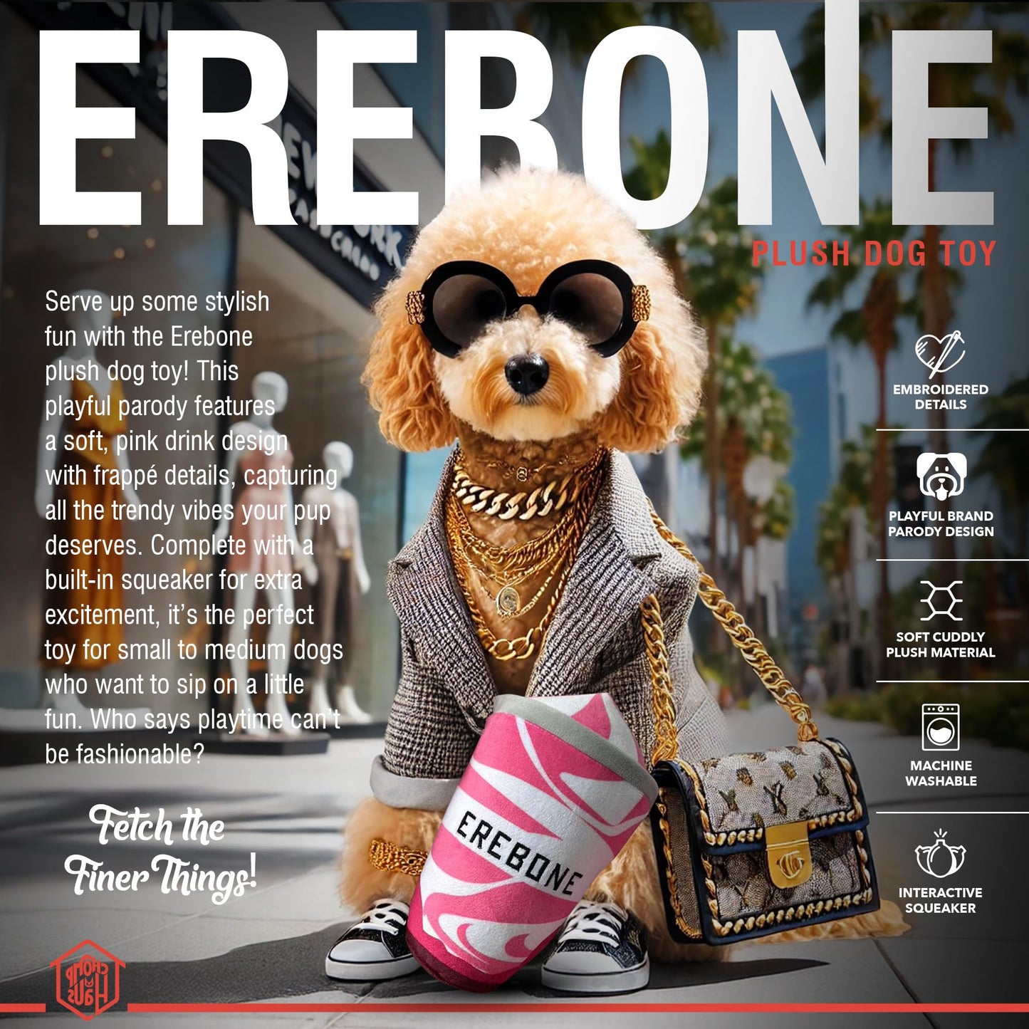 Chomp Haus Erebone – Luxurious Plush Dog Toy with Squeaker, Premium Fabric, Embroidered Details, Designer-Inspired Chew Toy, Fun Gift for Small to Medium Dogs & Dog Lovers