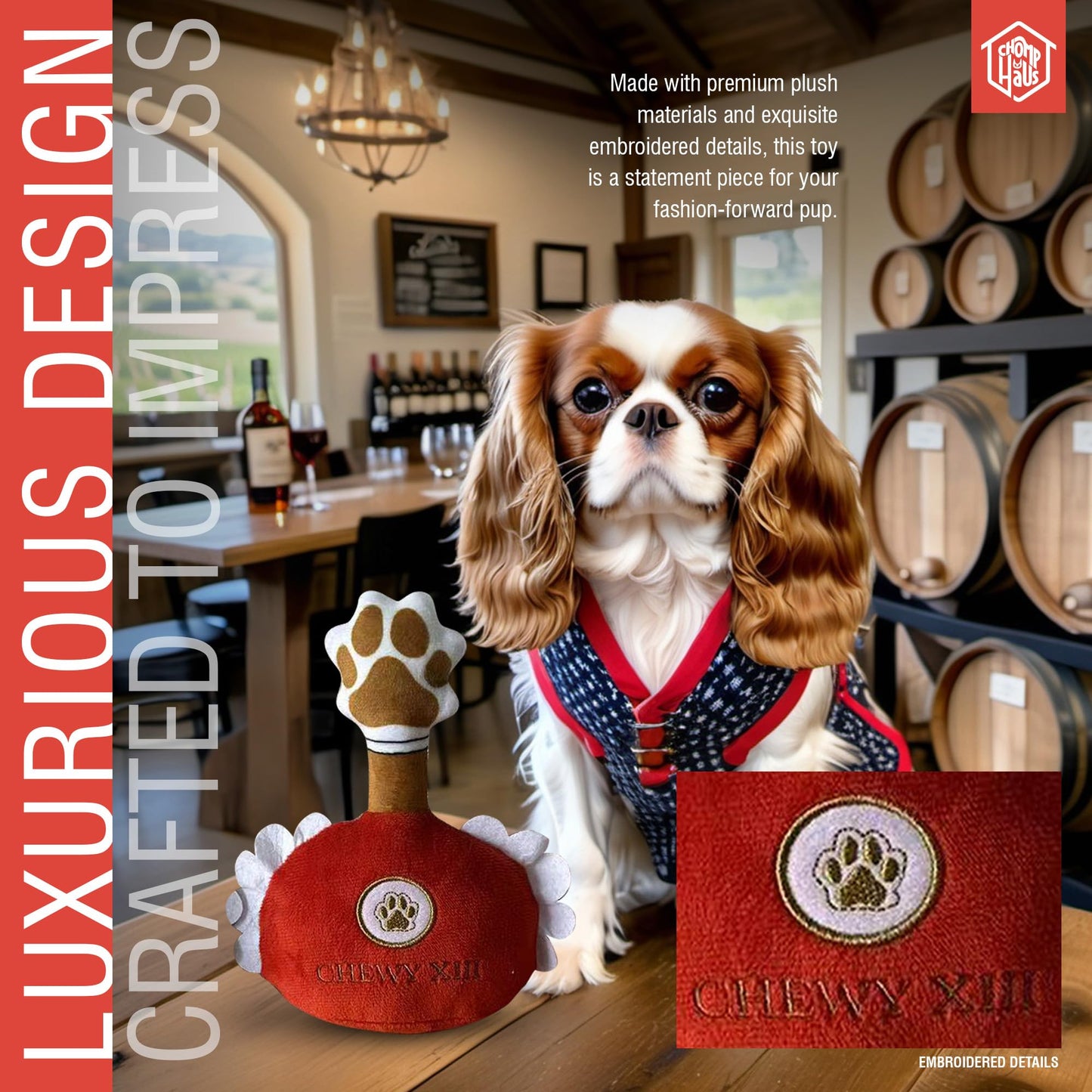 Chomp Haus Chewy XIII – Luxurious Plush Dog Toy with Squeaker, Premium Fabric, Embroidered Details, Designer-Inspired Chew Toy, Fun Gift for Small to Medium Dogs & Dog Lovers