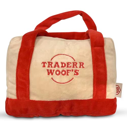 Chomp Haus Traderr Woofs – Luxurious Plush Dog Toy with Squeaker, Premium Fabric, Embroidered Details, Designer-Inspired Chew Toy, Fun Gift for Small to Medium Dogs & Dog Lovers