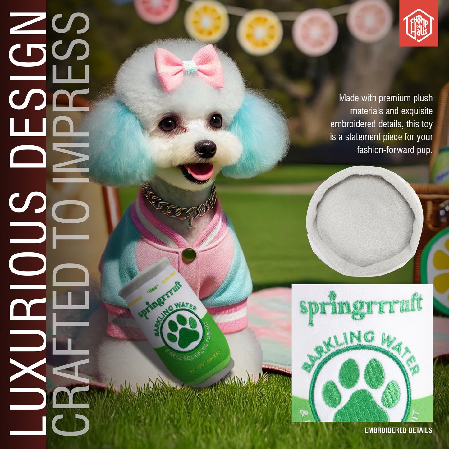 Chomp Haus Springrrruft Barkling Water – Luxurious Plush Dog Toy with Squeaker, Premium Fabric, Embroidered Details, Designer-Inspired Chew Toy, Fun Gift for Small to Medium Dogs & Dog Lovers