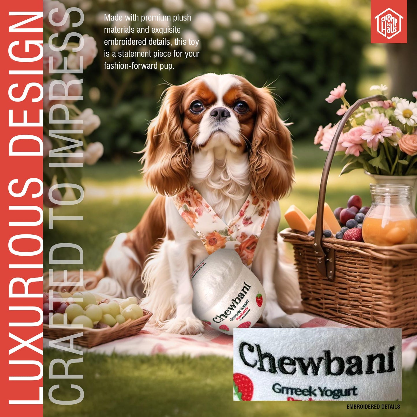Chomp Haus Chewbani Grrreek Yogurt – Luxurious Plush Dog Toy with Squeaker, Premium Fabric, Embroidered Details, Designer-Inspired Chew Toy, Fun Gift for Small to Medium Dogs & Dog Lovers