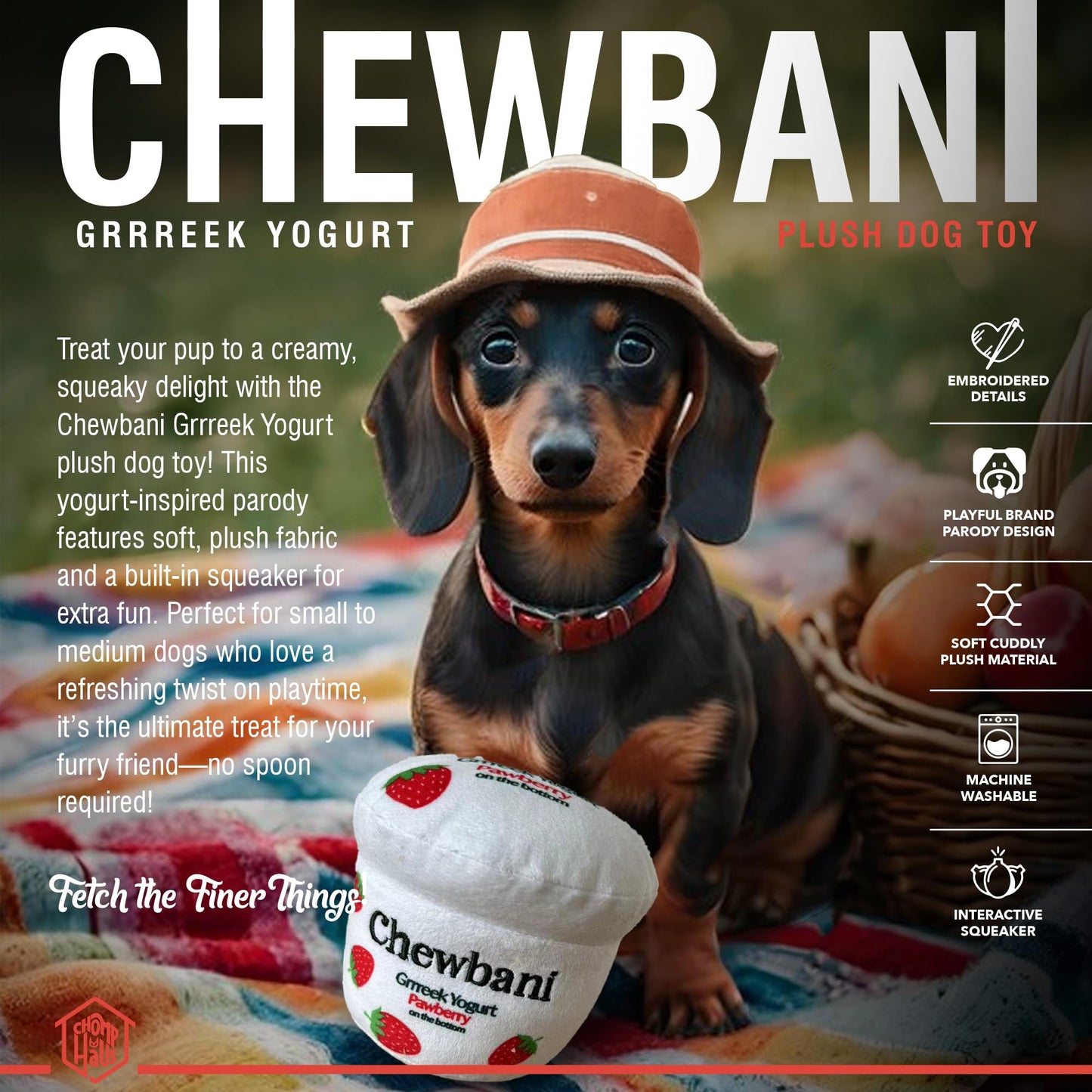 Chomp Haus Chewbani Grrreek Yogurt – Luxurious Plush Dog Toy with Squeaker, Premium Fabric, Embroidered Details, Designer-Inspired Chew Toy, Fun Gift for Small to Medium Dogs & Dog Lovers