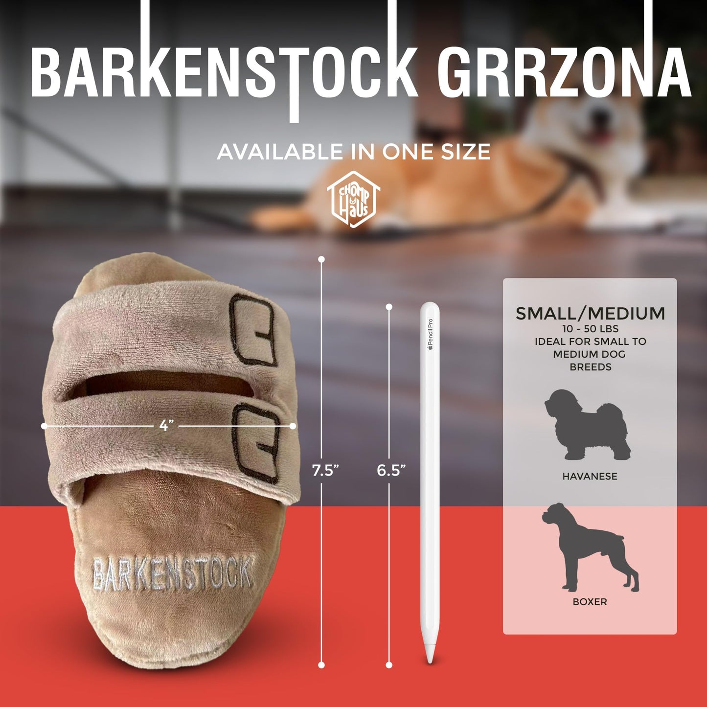 Chomp Haus Barkenstock Grrrzona – Luxurious Plush Dog Toy with Squeaker, Premium Fabric, Embroidered Details, Designer-Inspired Chew Toy, Fun Gift for Small to Medium Dogs & Dog Lovers