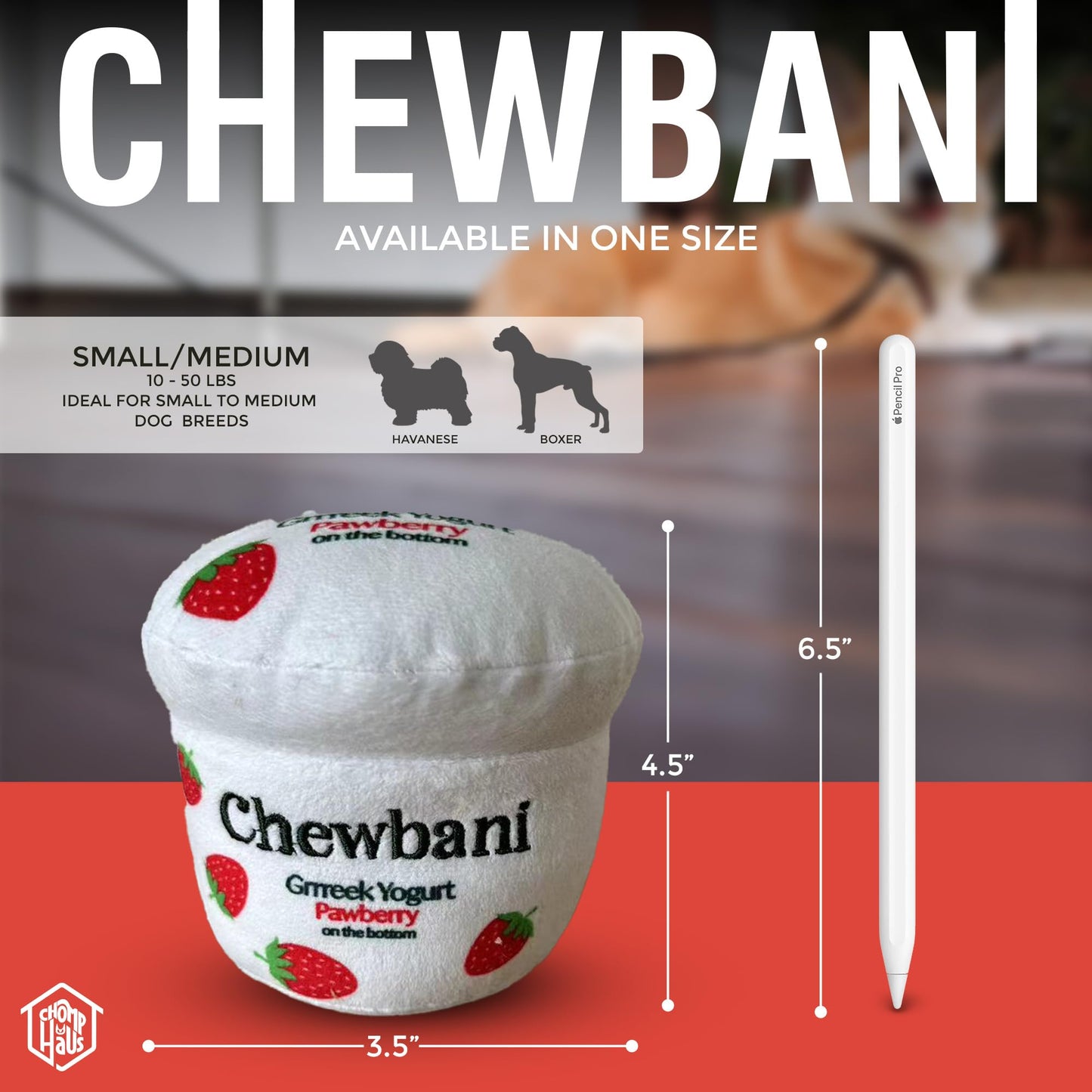 Chomp Haus Chewbani Grrreek Yogurt – Luxurious Plush Dog Toy with Squeaker, Premium Fabric, Embroidered Details, Designer-Inspired Chew Toy, Fun Gift for Small to Medium Dogs & Dog Lovers
