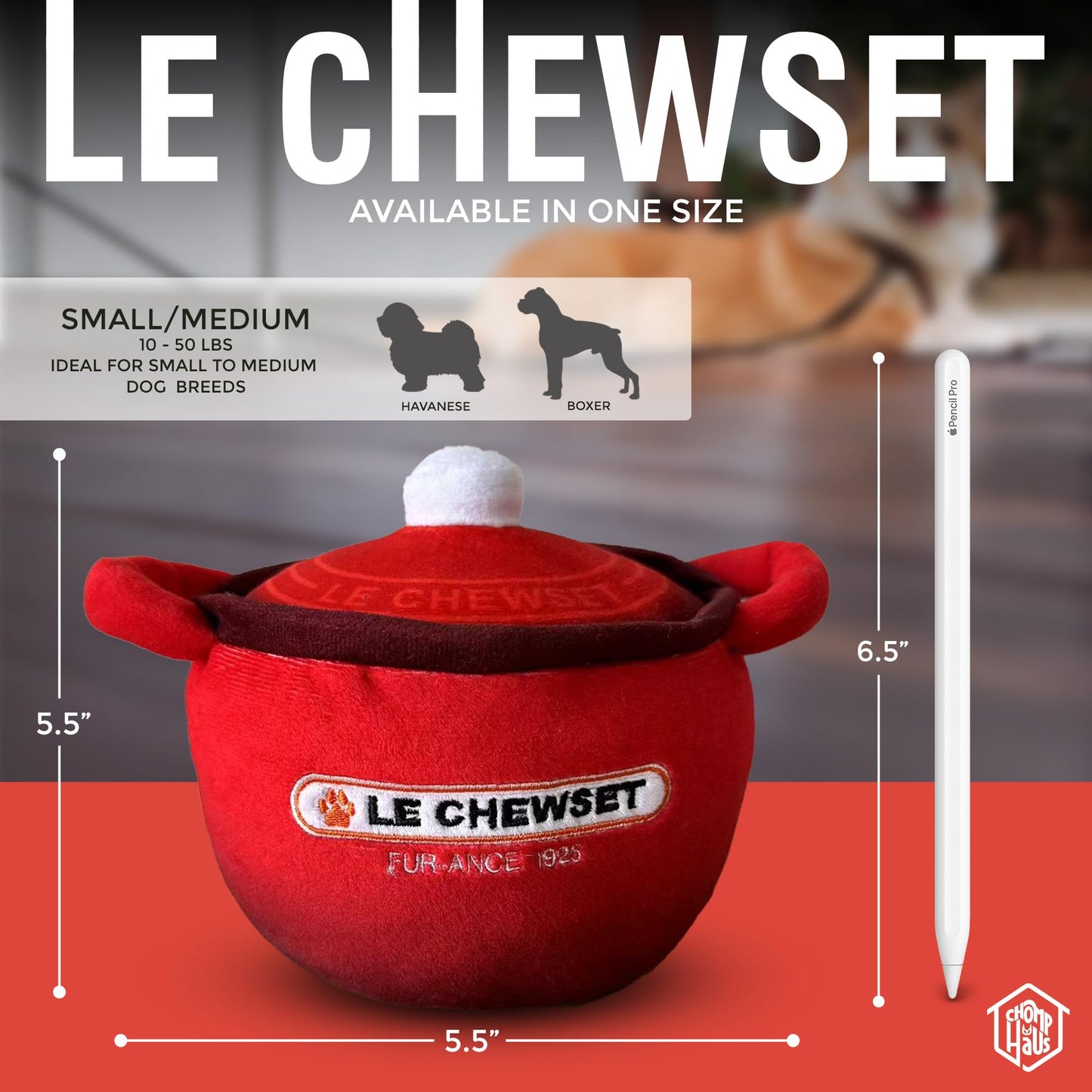 Chomp Haus Le Chewset – Luxurious Plush Dog Toy with Squeaker, Premium Fabric, Embroidered Details, Designer-Inspired Chew Toy, Fun Gift for Small to Medium Dogs & Dog Lovers
