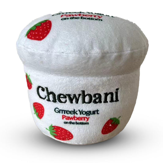 Chomp Haus Chewbani Grrreek Yogurt – Luxurious Plush Dog Toy with Squeaker, Premium Fabric, Embroidered Details, Designer-Inspired Chew Toy, Fun Gift for Small to Medium Dogs & Dog Lovers