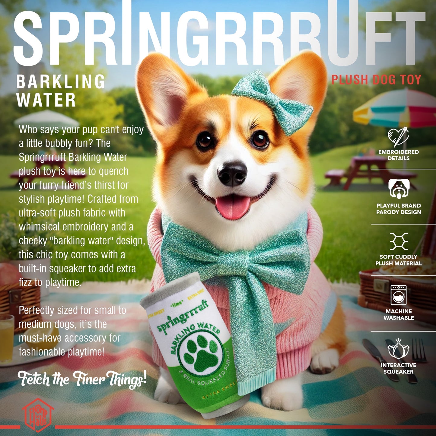 Chomp Haus Springrrruft Barkling Water – Luxurious Plush Dog Toy with Squeaker, Premium Fabric, Embroidered Details, Designer-Inspired Chew Toy, Fun Gift for Small to Medium Dogs & Dog Lovers